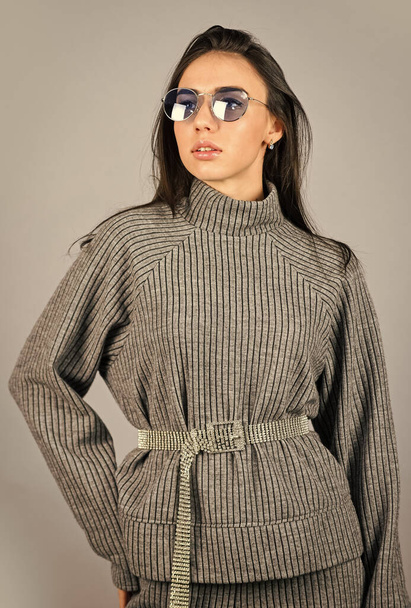 Casual style for every day. Knitwear concept. Feel comfortable. Woman wear grey suit blouse and pants. Shop Your Style. Fashionable knitwear. Designed for your comfort. Warm comfortable clothes - Foto, Imagem