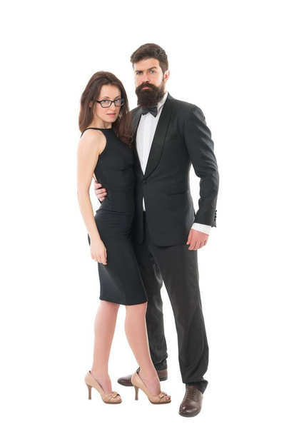 Special evening. elegant sexy woman. male tuxedo fashion. brutal man embrace his lady. couple in love. business meeting and partnership. love and romance. formal couple grooming for formal event - Φωτογραφία, εικόνα