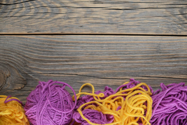 Frame of the color ball yarn on wooden background. - Photo, Image