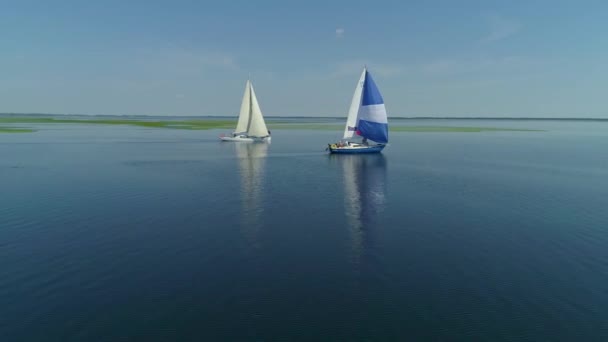 Aerial drone footage of regatta or sailing race at Dnipro river - Imágenes, Vídeo