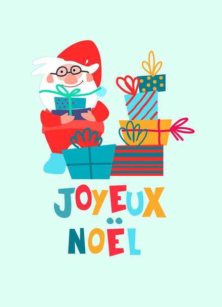 Frohe Weihnachten Grußkarte Design. Handgezeichnete lustige Weihnachtsmänner mit Geschenkpaketen. Text auf Französisch - Vektor, Bild