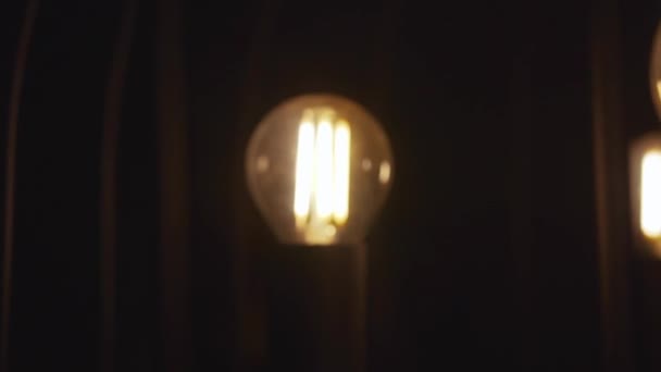 Lampadine trasparenti in cui il filamento è visibile sono accese e brillano in una stanza buia su aste metalliche nere - Filmati, video