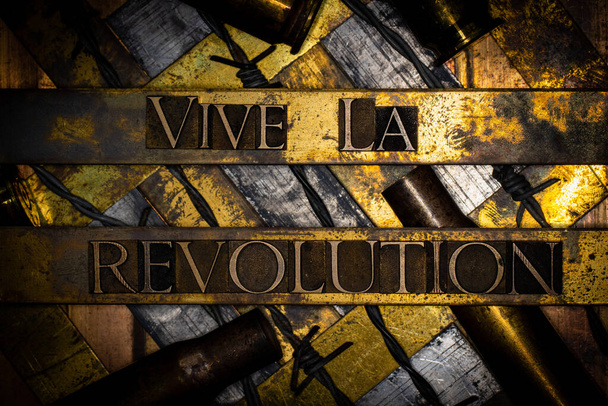 Yaşasın Devrim ya da Vive La Devrim metni. Dikenli telle kaplı, gümüş kaplı, desenli bakır ve altın arkaplan. - Fotoğraf, Görsel