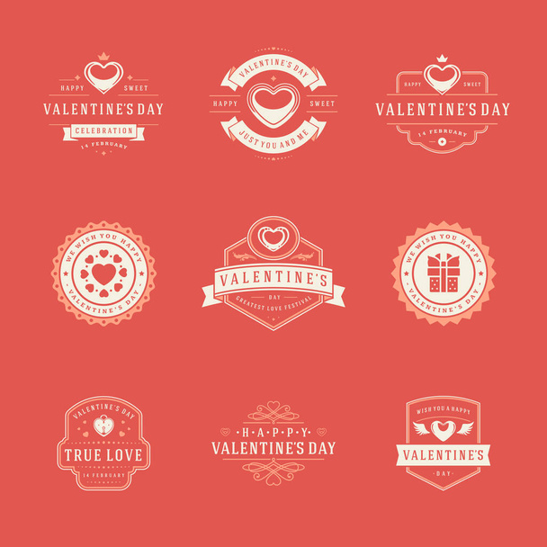 Happy valentines day greetings cards with labels and badges set vector illustration - Vector, Image