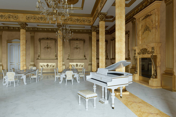 Sala balowa i restauracja w klasycznym stylu. Renderowanie 3D. Obraz 3d. - Zdjęcie, obraz