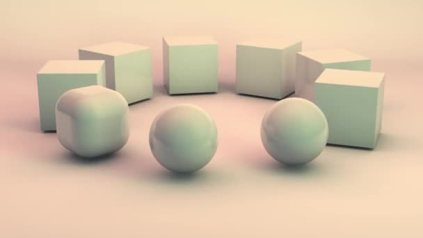 Abstract 3D animation of geometric shapes, cubes move along a circular path and turn into spheres in a certain place. Minimalistic design, loop animation. - Felvétel, videó