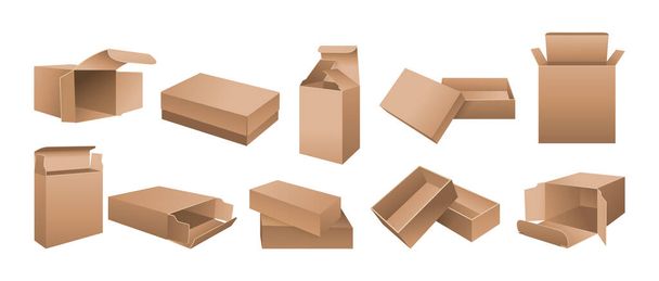 ボックスモックアップ現実的な段ボールセット紙パッケージ - ベクター画像