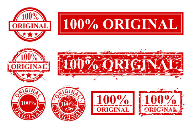 Vector Various Style Red Rubber Stamp, 100% Original, Circle and Proctangle Izolated on White - Wektor, obraz