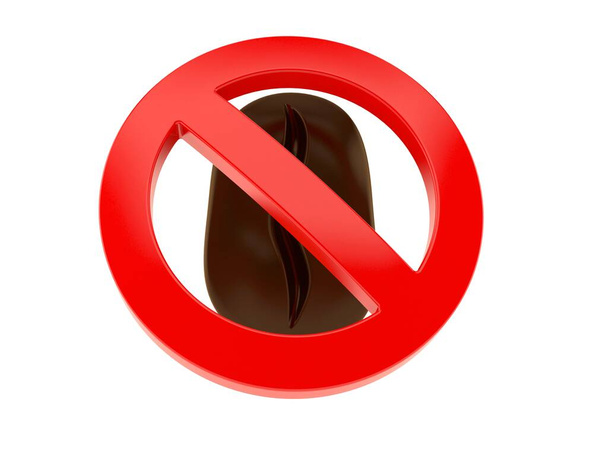 Chicco di caffè con simbolo proibito isolato su sfondo bianco. Illustrazione 3d - Foto, immagini