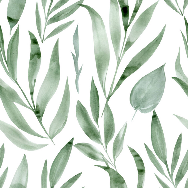 Trooppisia saumattomia kuvioita. Luonnonvaraiset kasvit, abstrakti lehdet vesiväri luonnos - Valokuva, kuva