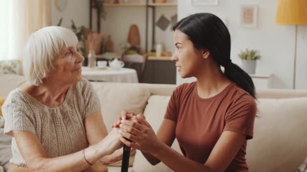 Young Asian female volunteer sitting on sofa, holding hands on hands of cheerful senior woman and speaking with her in the living room at home - Footage, Video