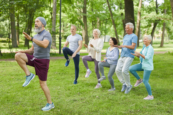 Wide shot of active elderly men and women doing morning workout in park with senior trainer - Photo, Image