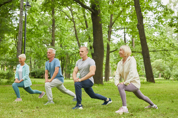 公園で足のストレッチ運動をする4人のシニア男性と女性のグループ - 写真・画像