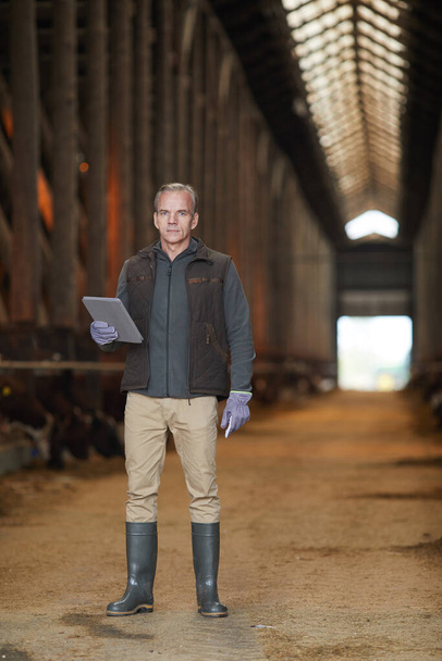 Vertikální celovečerní portrét moderního dospělého muže držícího digitální tablet při prohlídce dobytka na farmě, kopírovací prostor - Fotografie, Obrázek