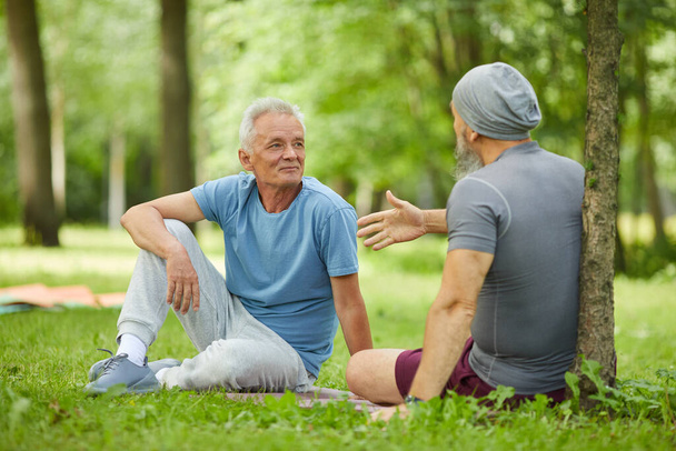 Dos deportistas mayores amigos varones sentados juntos en la hierba verde en el parque hablando de algo, tiro de cuerpo completo - Foto, imagen