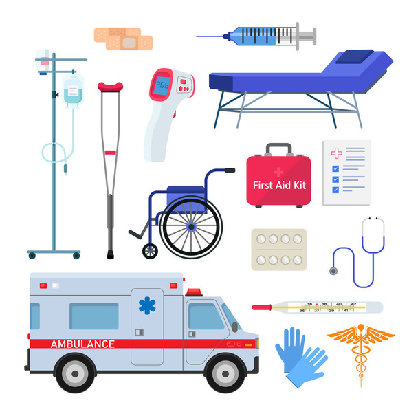 Alapvető orvosi felszerelés és jármű fehér háttérrel - Vektor, kép
