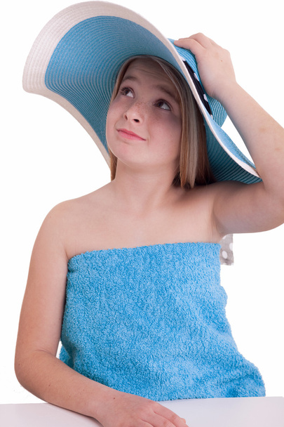 Beautiful little girl in blue summer hat  - Fotó, kép