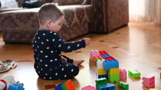 Il bambino gioca nel costruttore primo piano. 1-2 anni bambino - Filmati, video