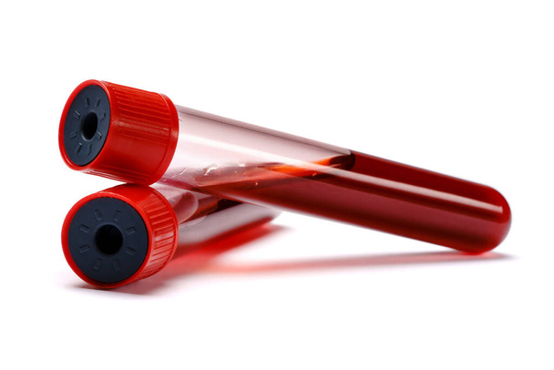 Test tube with red plug isolated on white background with clipping path - Fotoğraf, Görsel