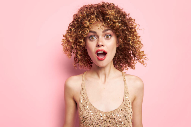 Lady Surprised look beautiful face curls sequin shirt background - Foto, Imagem