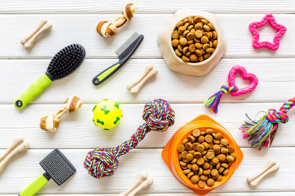 Pattern of toys for dogs and cats, dry food and accessories, top view - Fotoğraf, Görsel