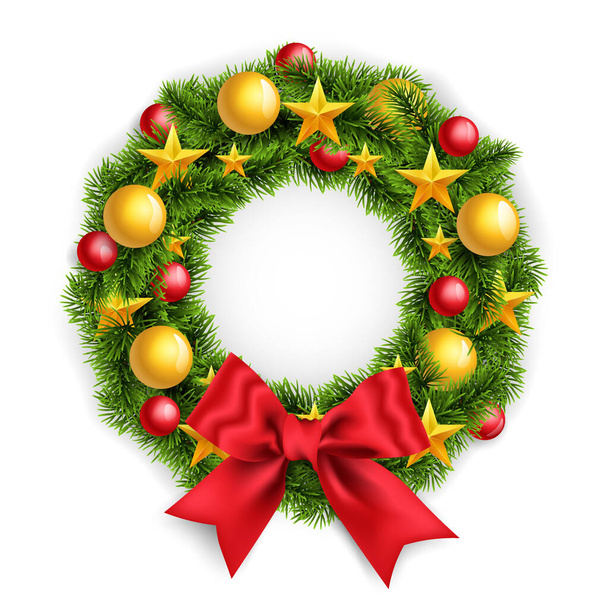 大きな赤い弓と新年のおもちゃで現実的なクリスマスの花輪。白で隔離された松の枝の装飾された花輪、ベクトルイラスト. - ベクター画像
