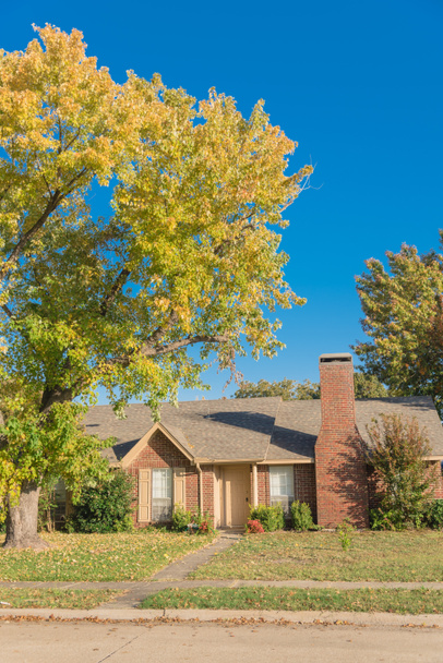 Ярко-желтая осенняя листва перед типичным пригородным жилым домом недалеко от Далласа, Техас, Америка - Фото, изображение