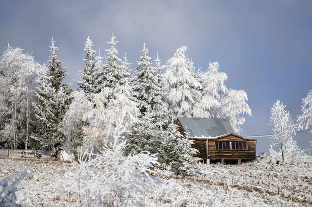 Fantastic winter landscape with wooden house in snowy mountains. Christmas holiday and winter vacations concept - Photo, image