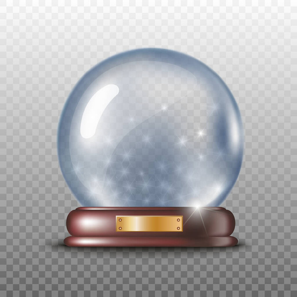 realistic vector Christmas snow glass ball on a wooden base with golden plate on transparent background. - Vetor, Imagem