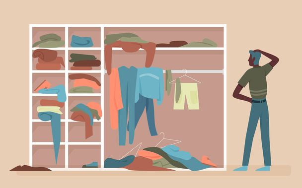 Man choosing clothes in cartoon clothing home wardrobe room - Vector, Image