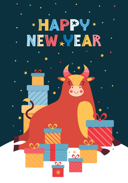 Vector illustration for the new year for poster, background or card. Funny bull and a pile of colorful gift boxes on the background starry sky. Chinese new year symbol 2021. Cute ox cartoon character. - Vetor, Imagem