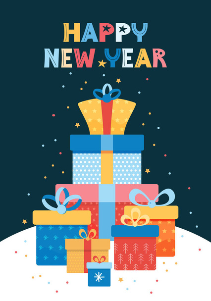 Vector illustration for the new year for poster, background, card. Pile of colorful gift boxes on the background night sky with stars. Happy new year greeting text. Festive stack of Christmas presents - Vetor, Imagem