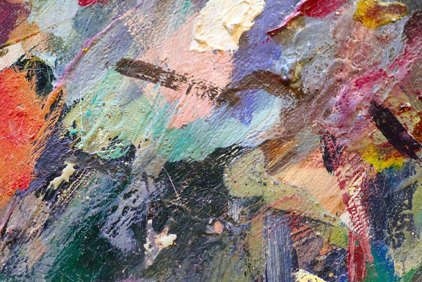 Close-up van olieverf textuur met penseelstreken en palet mes slagen - Foto, afbeelding