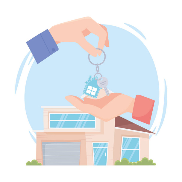 handing over the Key from a new home, modern house background - Vector, Image