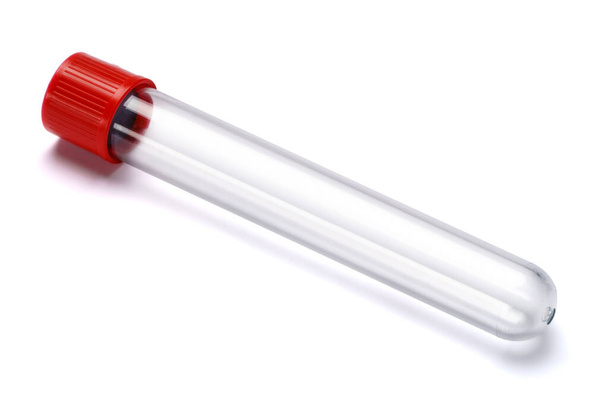 Test tube with red plug isolated on white background - Foto, immagini