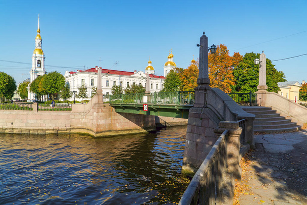 Bell tower and Sea Cathedral of St. Nicholas, Krasnogvardeysky bridge over the Griboyedov Canal, Saint Petersburg - Photo, Image
