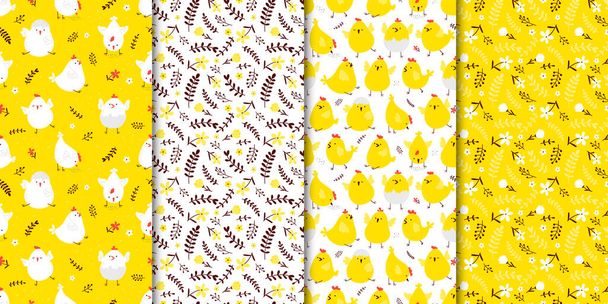 Conjunto de patrones de primavera sin costuras con lindos pollos de dibujos animados y flores. - Vector, Imagen