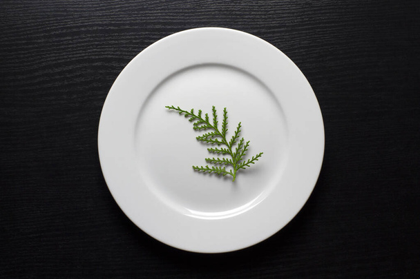 Вегетаріанство, дієта. Кругла, біла тарілка з зеленою гілочкою на чорному дерев'яному фоні
 - Фото, зображення