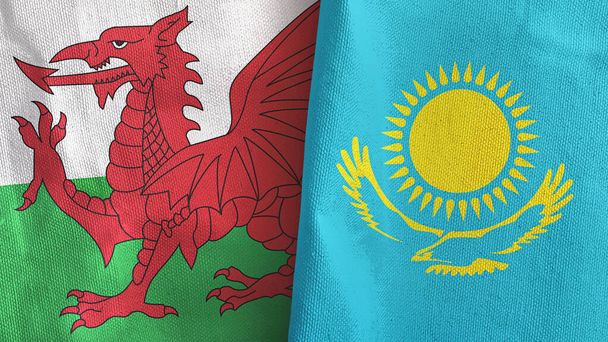 Kazakhstan and Wales two flags textile cloth 3D rendering - Photo, Image