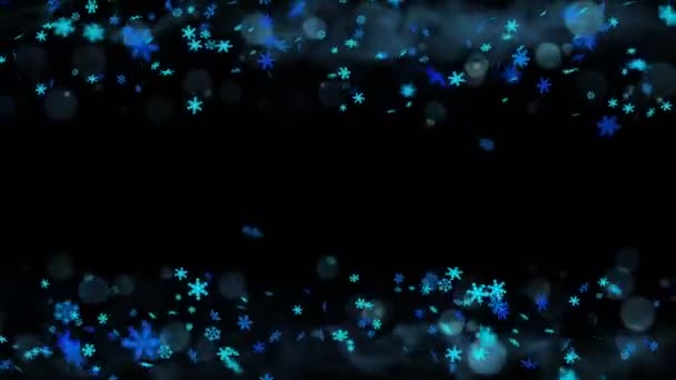 Colorati cristalli di neve brillanti che dondolano sullo sfondo invernale con brillamenti solari. Bella scena della natura. Illustrazione fiocchi di neve invernali. Animazione loop. - Filmati, video