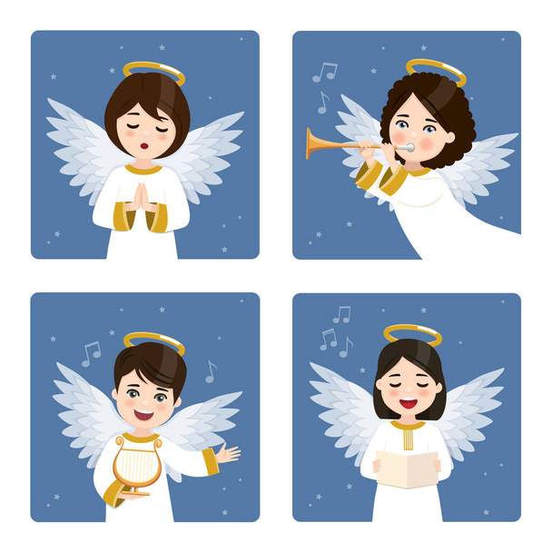 Quattro angeli carini e musicali incastonati su un cielo scuro con sfondo stellato. Illustrazione vettoriale - Vettoriali, immagini