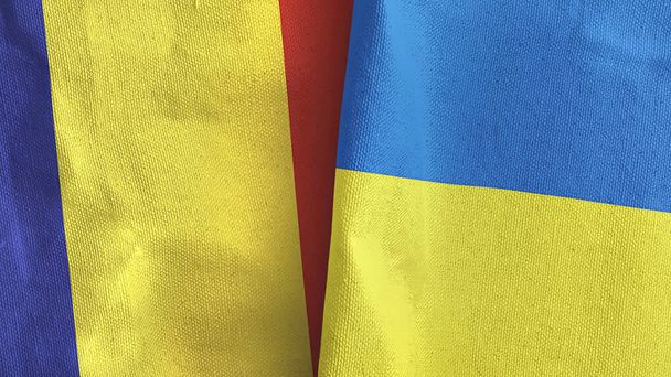 Ucrania y Rumanía dos banderas de tela textil representación 3D - Foto, imagen