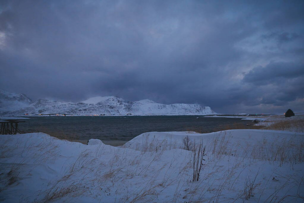 norway coast in winter with snow bad cloudy weather - Zdjęcie, obraz