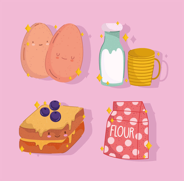 desayuno comida fresca de dibujos animados huevos hervidos lindo sándwich y leche - Vector, imagen