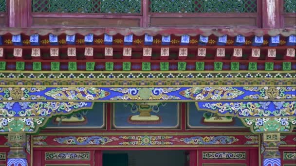 Historical Temple Roof Ornaments of Buddhist Culture.Classic central Asian architecture.Buddhist temple,Shinto shrine and traditional style building.Wood and stone ornaments.Characteristic ethnic woody colorful roof wall architectural buddhism art 4K - Footage, Video