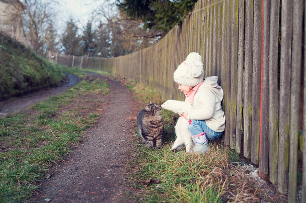 A child stands on the road near the fence and holds a ferret. Ferret sniffs a cat. Baby outdoor with him pets. - Фото, зображення