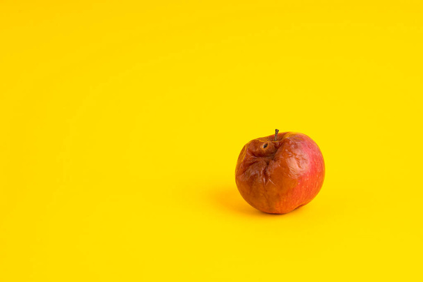 Rotten apple with a worm on a uniform yellow background. - Фото, изображение