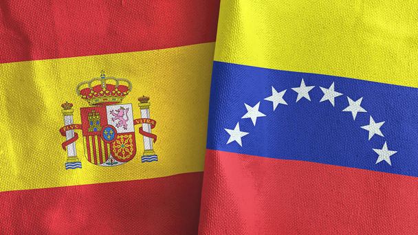 Венесуела та Іспанія два прапори текстильної тканини 3D рендеринг - Фото, зображення