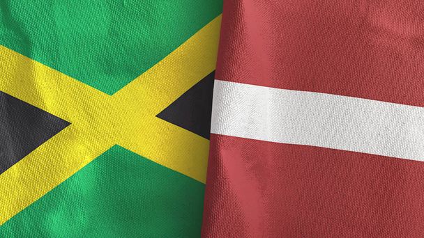 Latvia and Jamaica two flags textile cloth 3D rendering - Photo, Image
