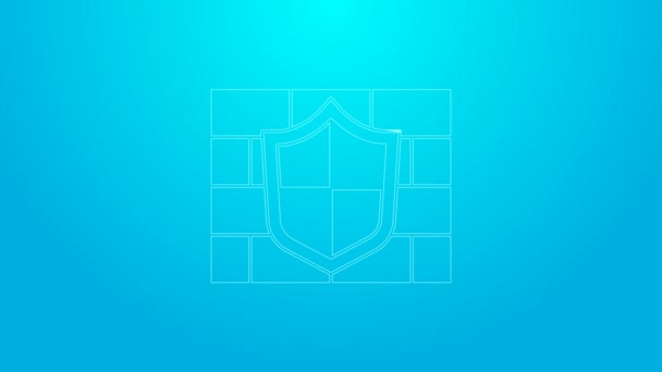 Escudo de línea rosa con icono de pared de ladrillo de seguridad cibernética aislado sobre fondo azul. Símbolo de protección de datos Firewall. Protección de la red. Animación gráfica de vídeo 4K - Metraje, vídeo